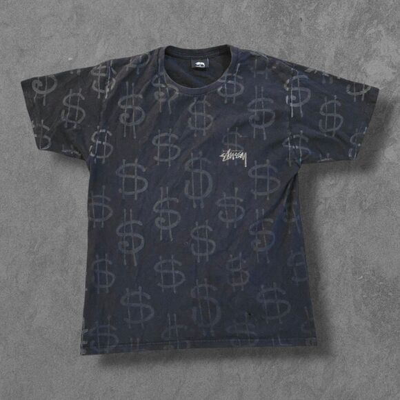 Vintage Y2k Stussy Reflective Dollar Sign Graphic Streetweat Tee Medium READ - Picture 1 of 7